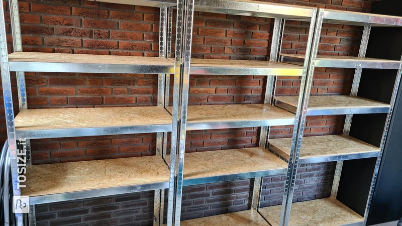 Easily make your own OSB shelving unit for your garage, by Rogier