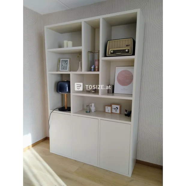 Cream cupboard wall with doors and open compartments