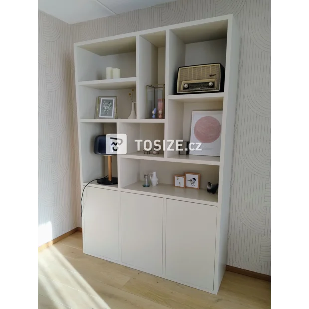 Cream cupboard wall with doors and open compartments