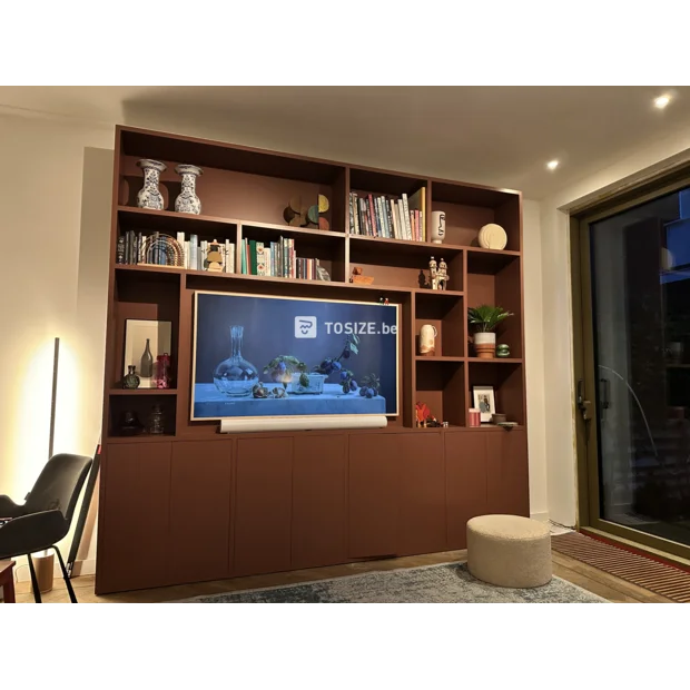 Brown cupboard wall with open compartments and doors