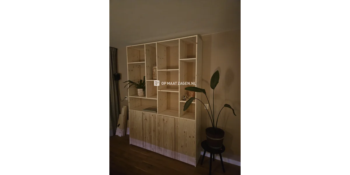 DIY Shelving Unit Pine Wood Living Room by Inez OPMAATZAGEN.nl
