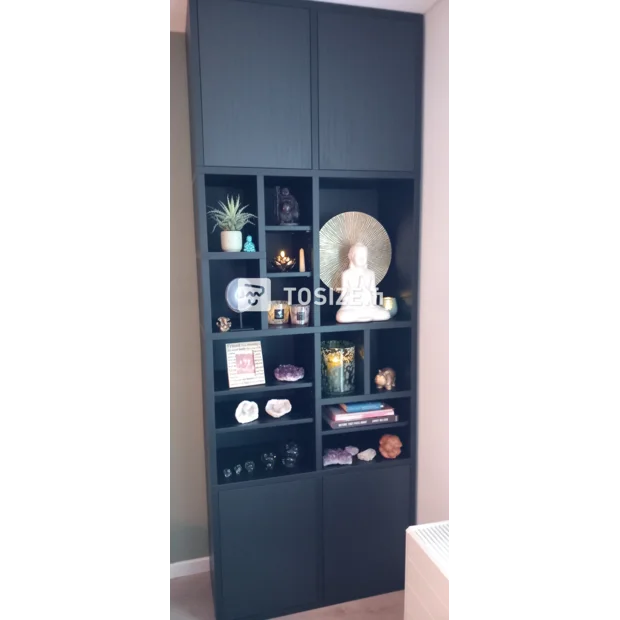 Black cupboard wall with doors and open compartments