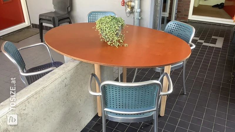 Make your own unique patio dining table from concrete plywood, by Paul