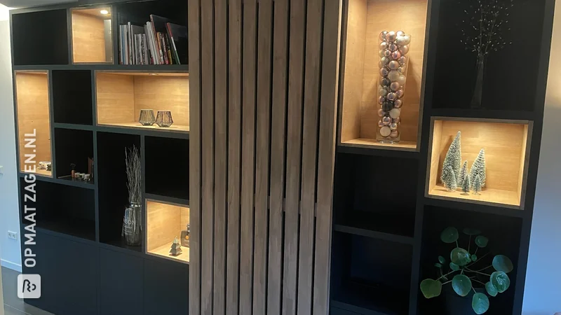 Inspiring wall unit with wooden sliding door and folding desk, by Edgar