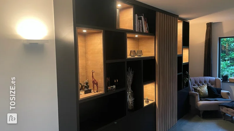 Inspiring wall unit with wooden sliding door and folding desk, by Edgar