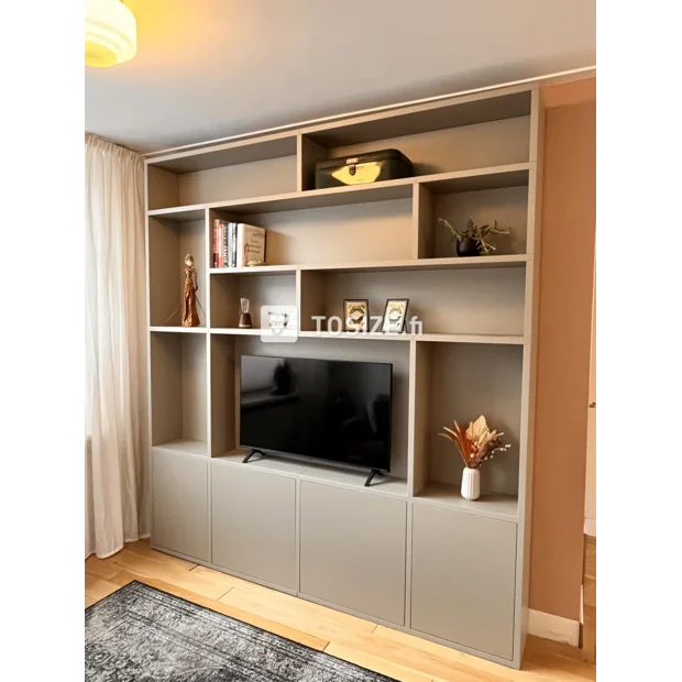 Gray cupboard wall with open compartments and doors