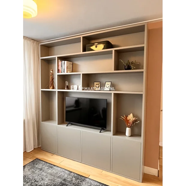 Gray cupboard wall with open compartments and doors