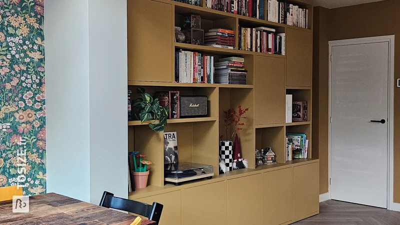 Yellow sleek bookcase for the living room, by Karien