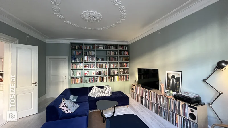 Unique bookshelf in living Room with several shelves, by Susanne