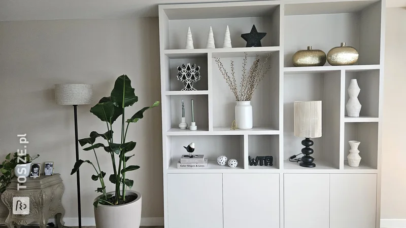 Create a stylish shelving unit for the living room, by Sabine