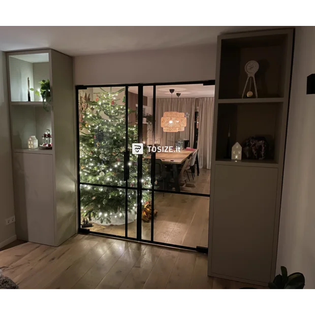 Green cupboard wall with doors and open compartments