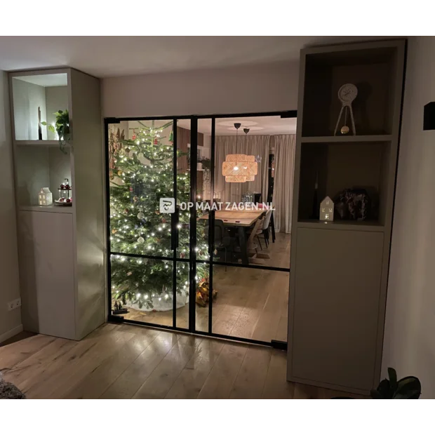 Green cupboard wall with doors and open compartments