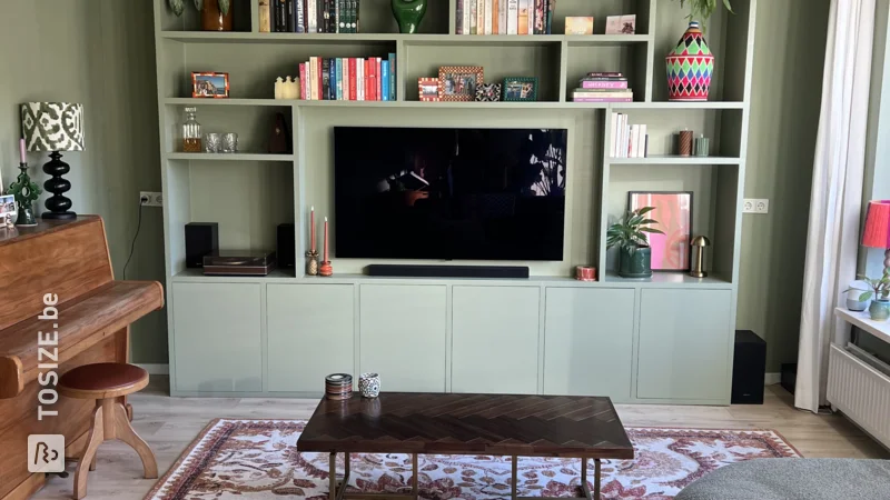 Stylish green wall cabinet for TV and books, by Marieke