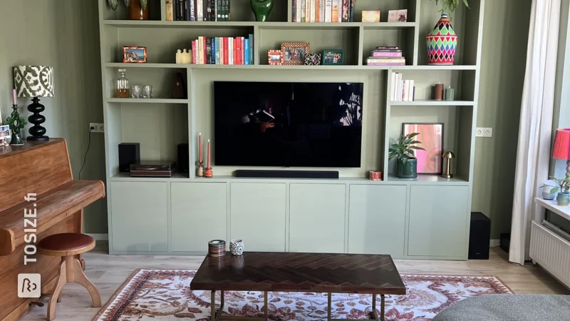 Stylish green wall cabinet for TV and books, by Marieke