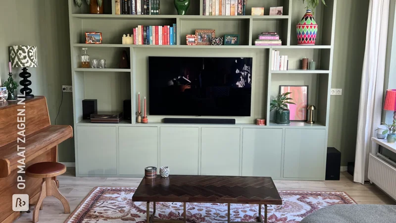 Stylish green wall cabinet for TV and books, by Marieke