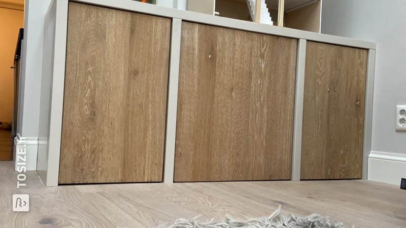 Custom MDF waterproof oak low cabinet for the conservatory, by Maarten