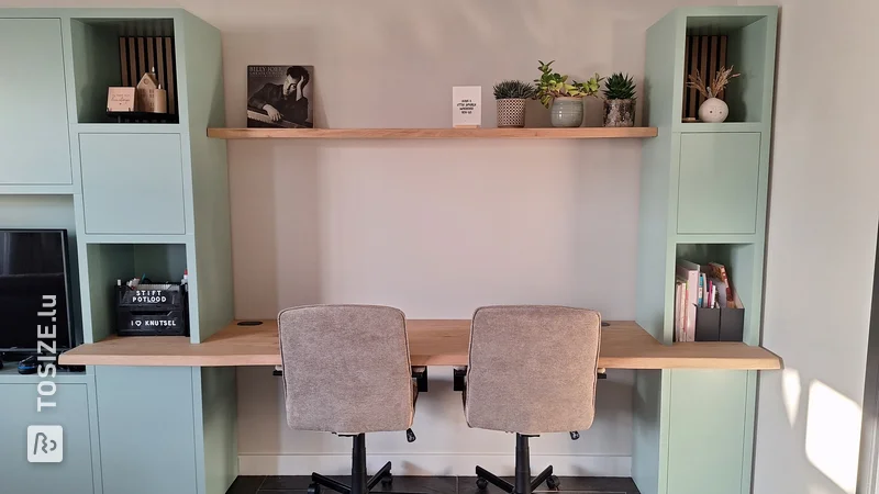 Custom made green shelving unit with desk, by Ellen