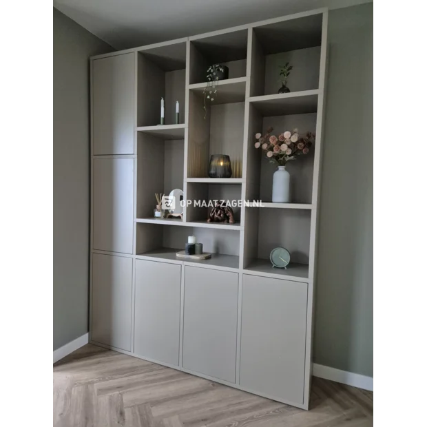 Gray cupboard wall with doors and open compartments