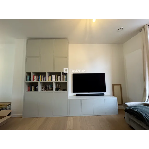 Cream cupboard wall with open compartments and doors