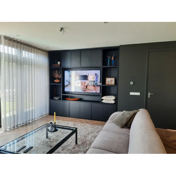 Black cupboard wall with doors and open compartments