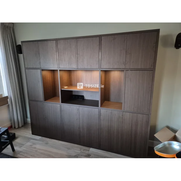 Dark (wood) cabinet with open compartments and doors