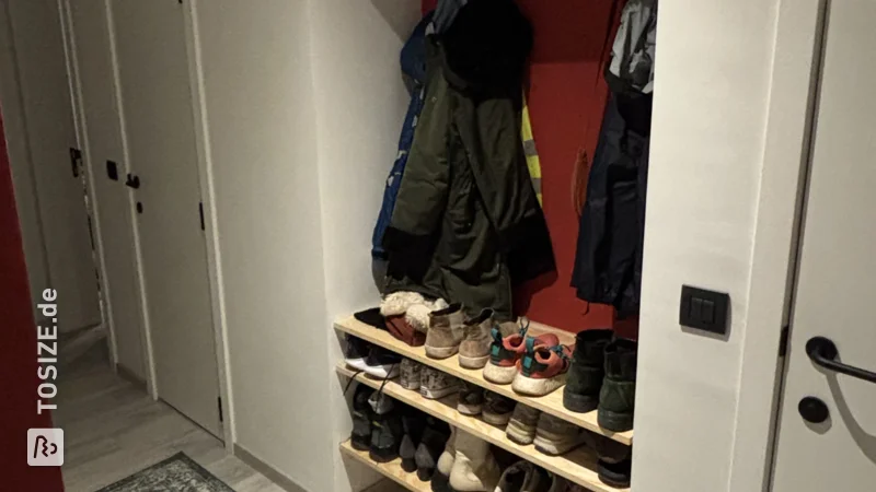 Practical shoe rack made of plywood for the hall, by Sofie