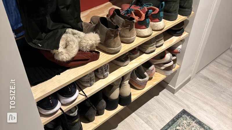 Practical shoe rack made of plywood for the hall, by Sofie