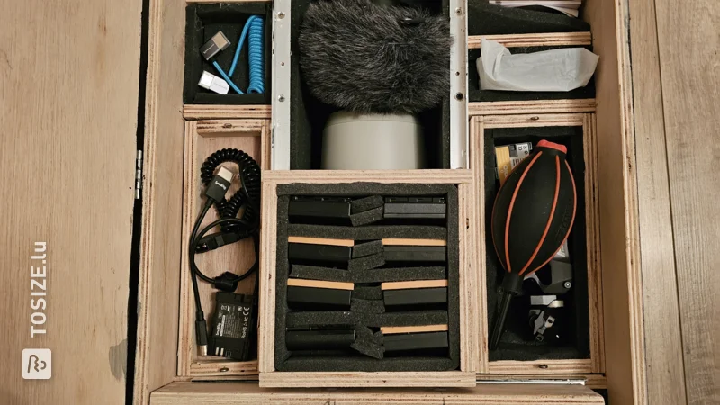 Wooden case with custom interior for film equipment, by Jan