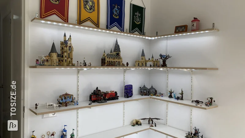 Wall shelves with LED lighting for LEGO collection, by Simon