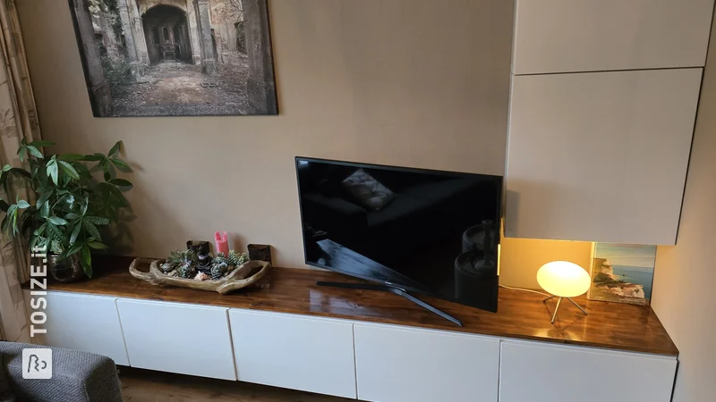 IKEA hack: Finish TV cabinet with pine wooden plank, by Marcel