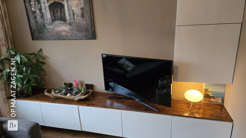 IKEA hack: Finish TV cabinet with pine wooden plank, by Marcel