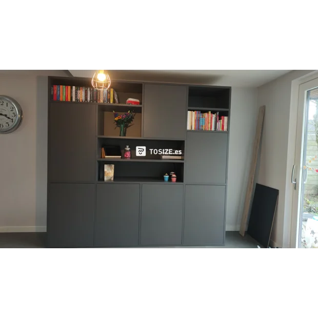 Gray cupboard wall with doors and open compartments