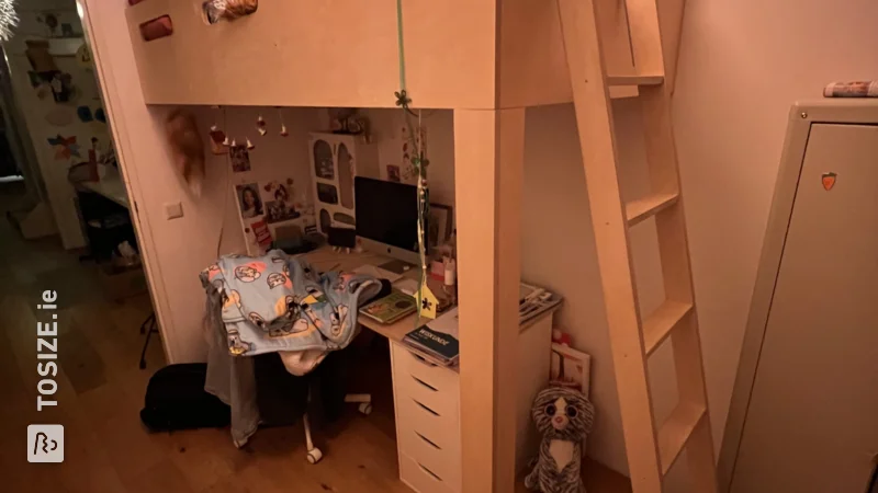 Unique loft bed made of plywood with homemade ladder, by Peter