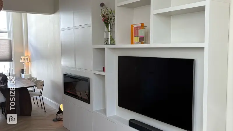 Stylish TV cabinet with fireplace for the living room, by Stijn