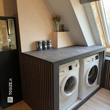 Stylish laundry room with washing machine conversion and windowsill, by Robin