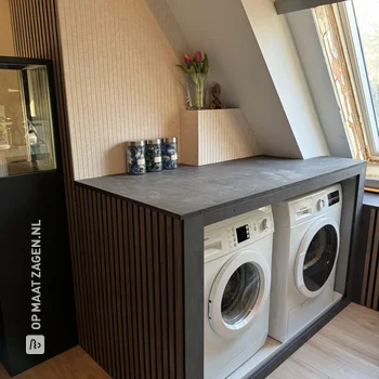 Stylish laundry room with washing machine conversion and windowsill, by Robin