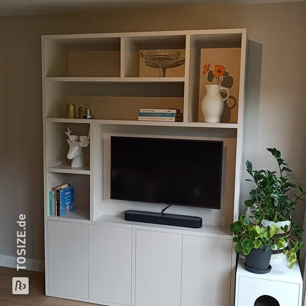 Light cabinet wall with doors and open compartments