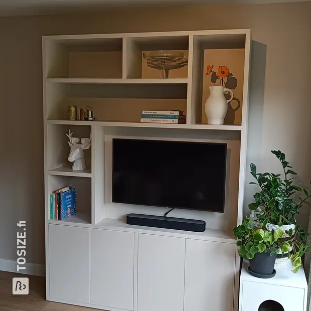 Light cabinet wall with doors and open compartments