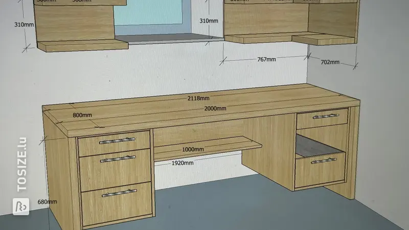 Custom-made desk with shelves in pine wood, by Siegfried