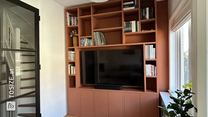 Stylish Terracotta Bookcase and TV cabinet, by Léa