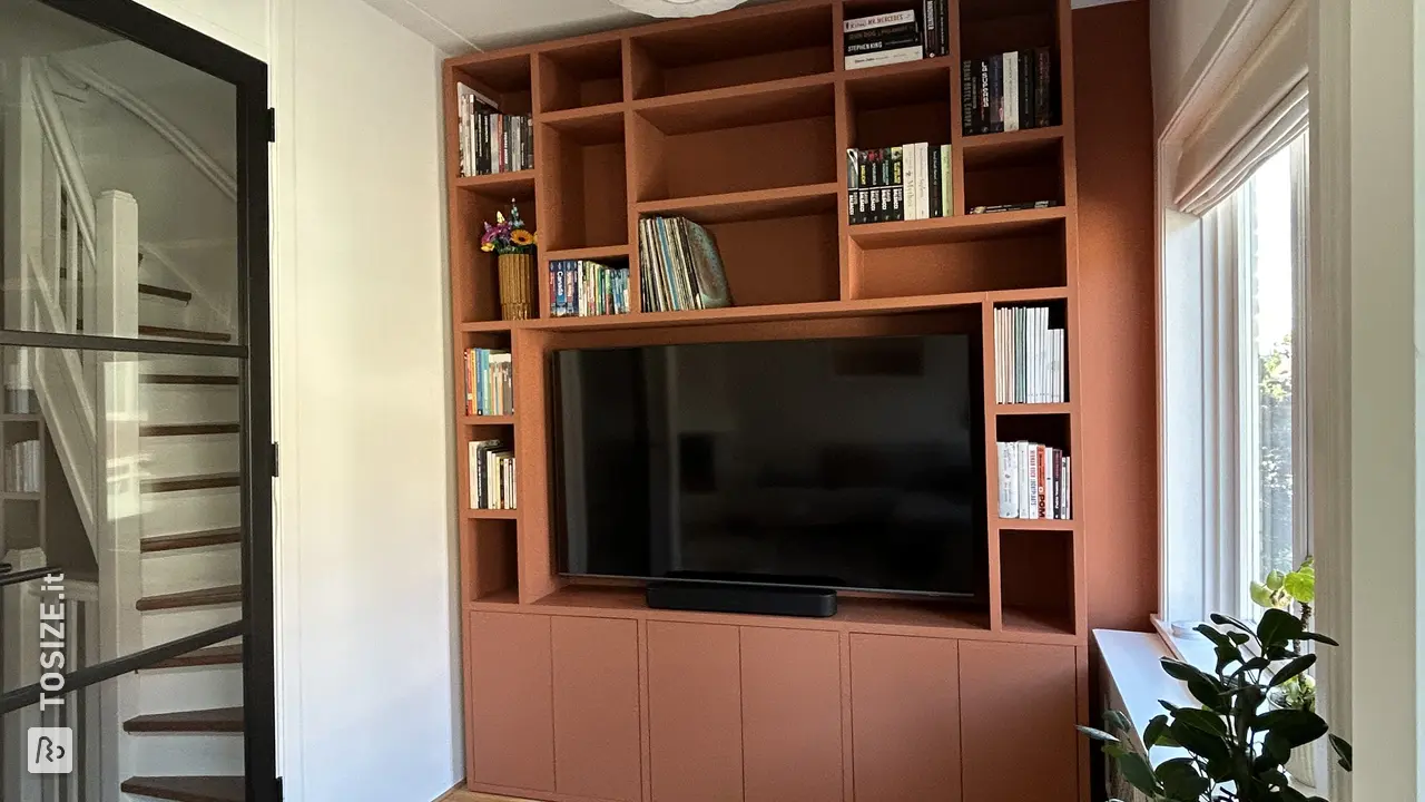 Stylish Terracotta Bookcase and TV cabinet, by Léa
