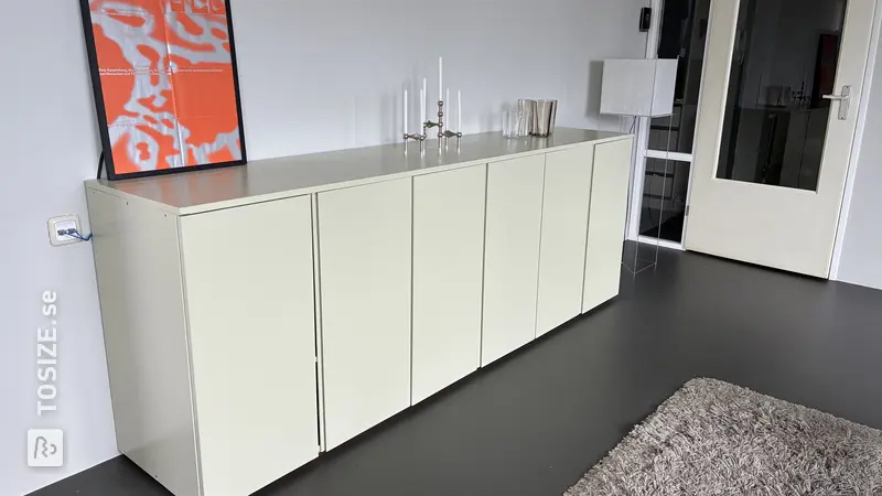 Sleek DIY sideboard with custom-made top for the living room, by Sebastiaan
