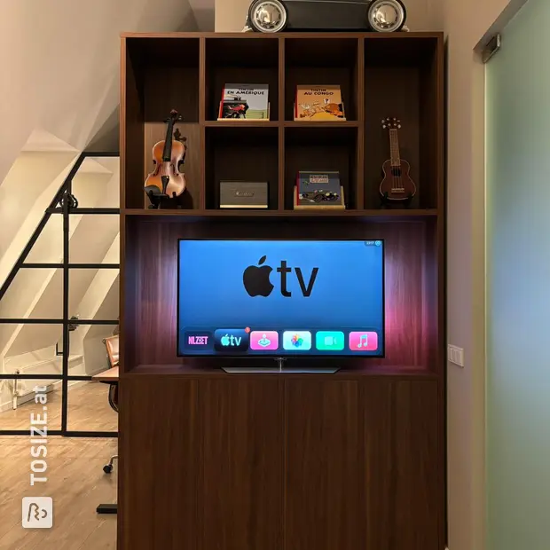 Natural wood cabinet with doors and open compartments