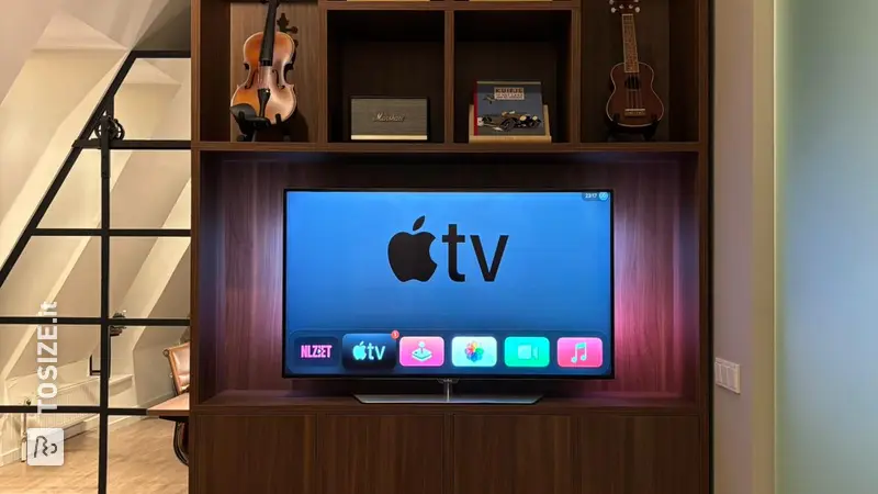 Elegant brown television cabinet with compartments, by Jorrit