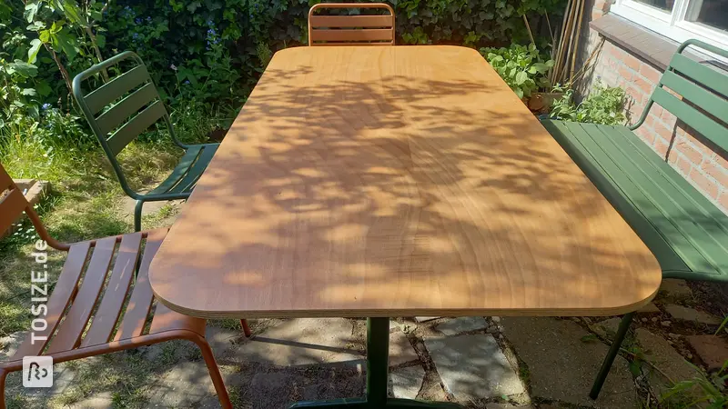 Homemade Garden Table with Seat, by Janneke