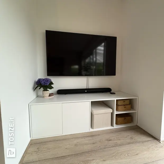 White TV cabinet with doors and open compartments
