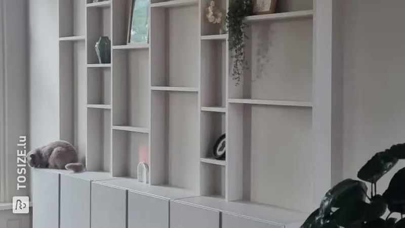 Custom made MDF shelving unit in the living room, by Sebastian