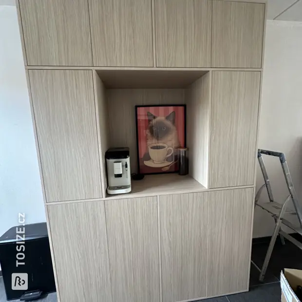 Natural wood sideboard with doors and open compartments