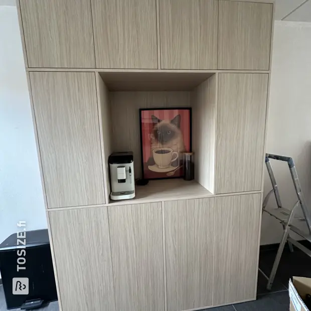 Natural wood sideboard with doors and open compartments