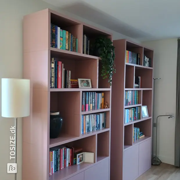 Pink bookcase with doors and open compartments